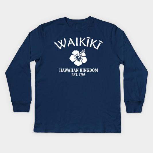 Waikiki Hawaii Vintage Retro Kids Long-Sleeve T-Shirt - White Logo - Various Colors