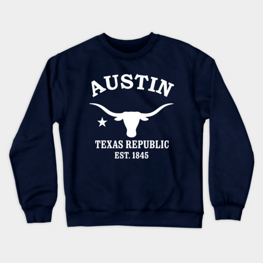 Austin Texas Vintage Retro Crewneck Sweatshirt - White Logo - Various Colors