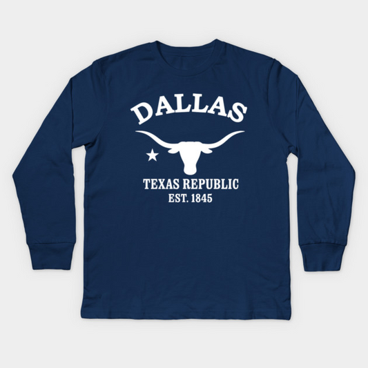 Dallas Texas Vintage Retro Kids Long-Sleeve T-Shirt - White Logo - Various Colors
