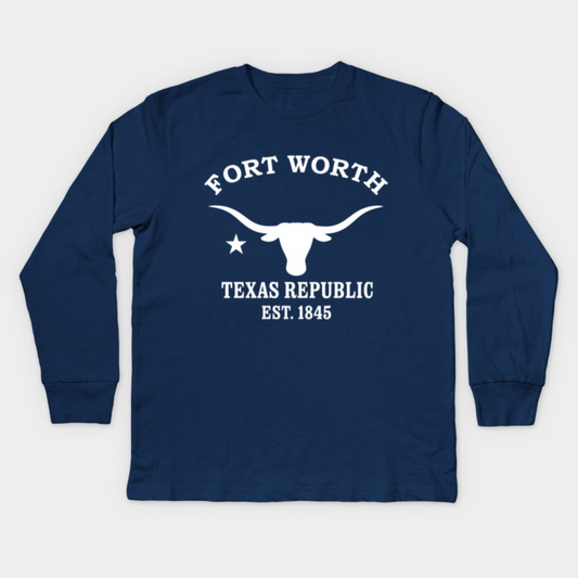Fort Worth Texas Vintage Retro Kids Long-Sleeve T-Shirt - White Logo - Various Colors